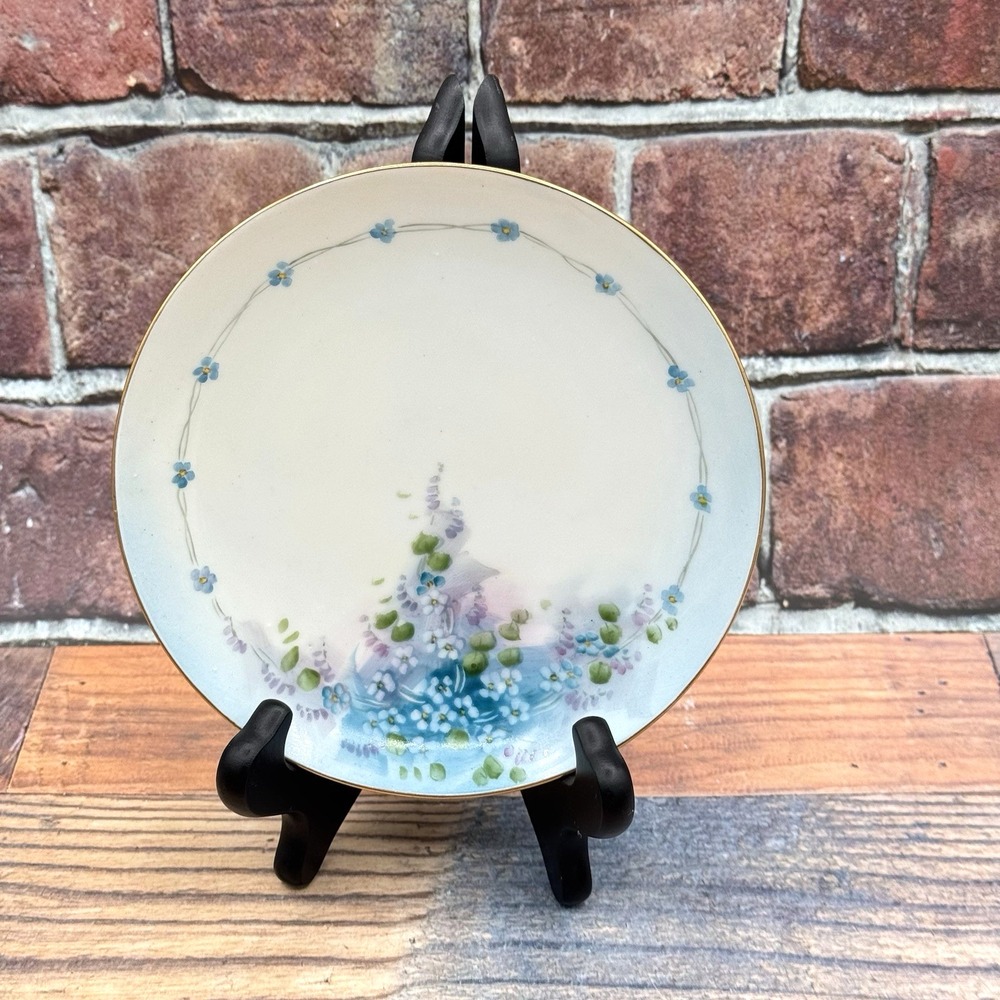 Antique Nippon Porcelain Plate Blue Floral Artist Signed Grandmacore Cottagecore